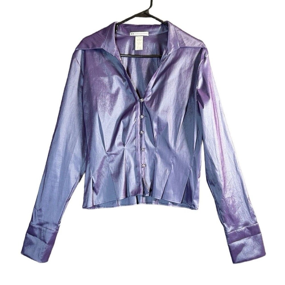 VTG Y2K U3 Collection Shimmer Purple Button Up Top Cyber Iridescent Blouse 14